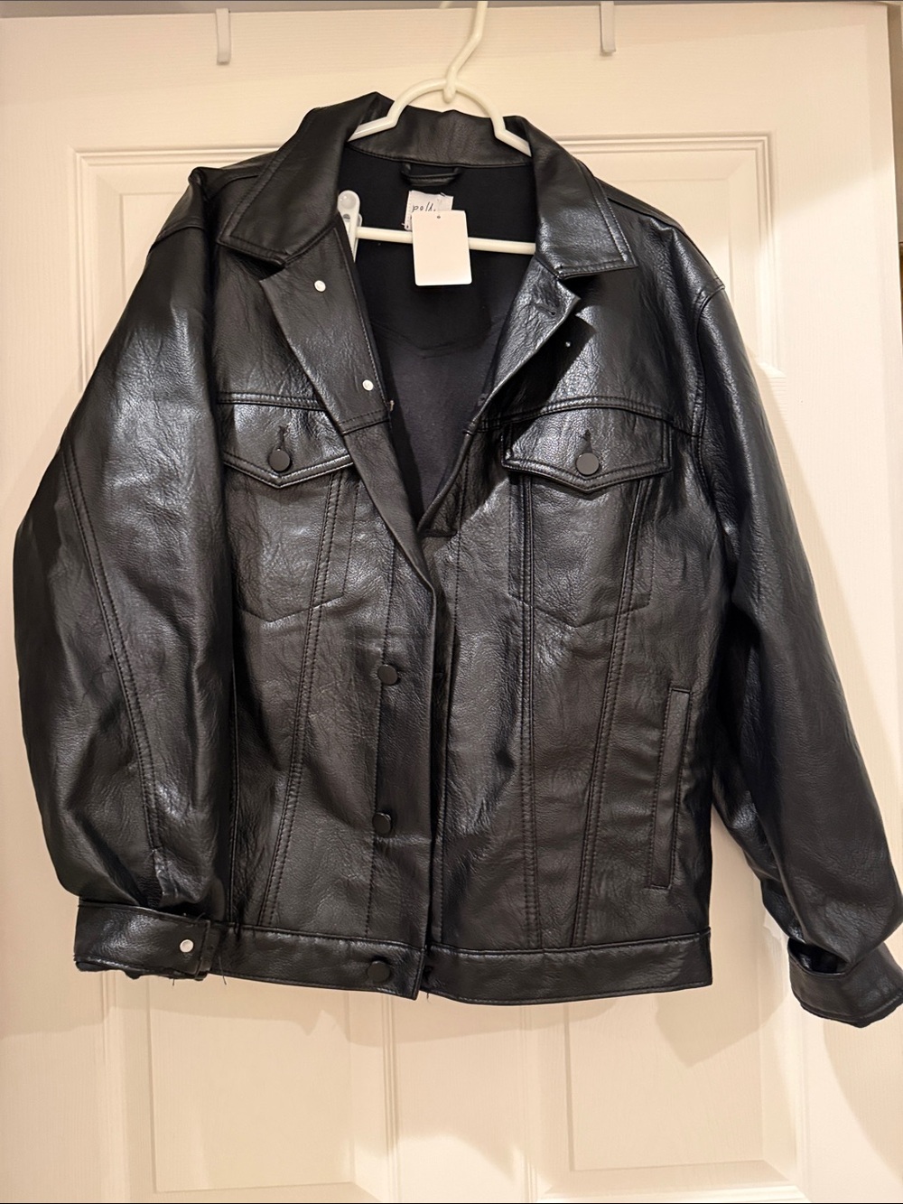Classic Black Faux Leather Trucker Jacket by (blank)